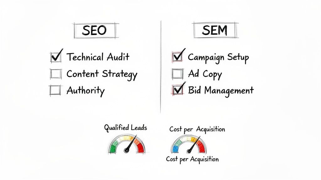A visual breakdown comparing SEO and SEM strategies with associated metrics and tasks.