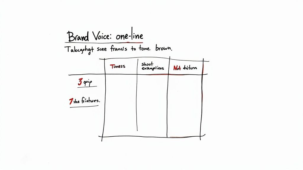 A handwritten whiteboard chart outlines brand voice, defining tone, examples, and what to avoid.