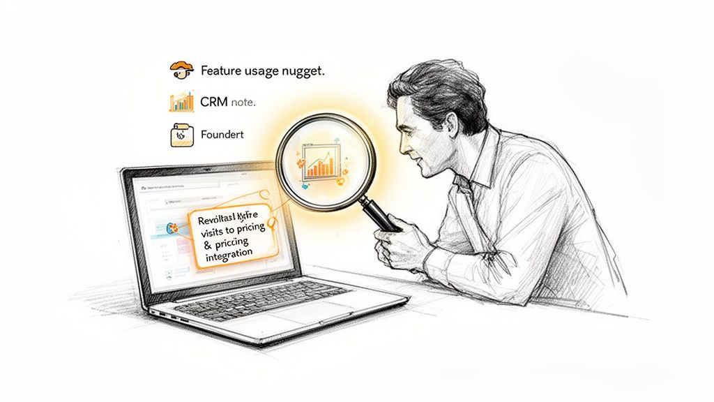 A man uses a magnifying glass to analyze user behavior data and pricing insights on a laptop.