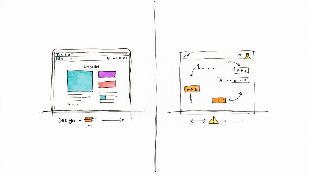 Sketch comparing web design (layout, colors) with user experience (UX) flows, interactions, and responsiveness.