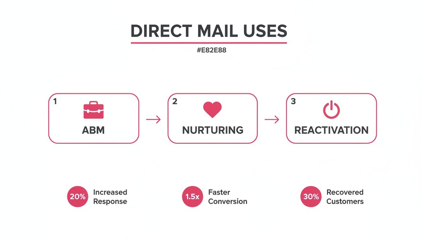 Flowchart illustrating direct mail uses: ABM, Nurturing, Reactivation, with benefits like increased response and faster conversion.