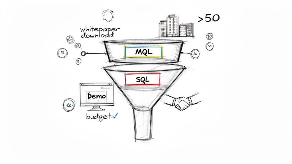 A hand-drawn sales and marketing funnel graphic depicting MQL to SQL conversion stages.