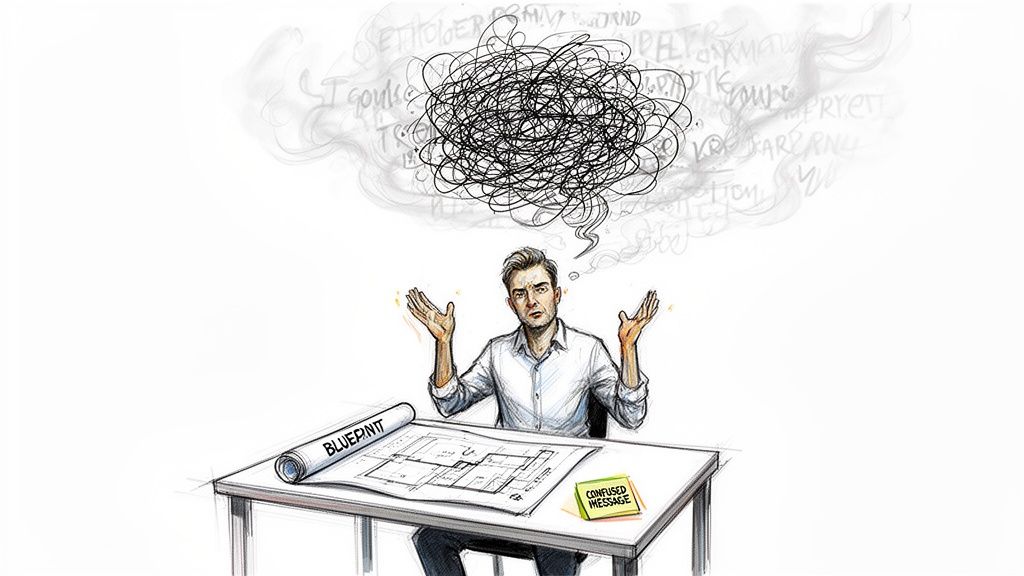 A confused man with hands raised, a tangled thought bubble, and blueprints on his desk.