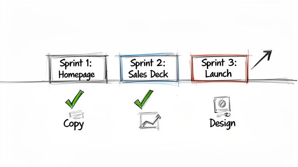 Agile project management process with three sprints: Homepage, Sales Deck, and Launch, showing tasks.