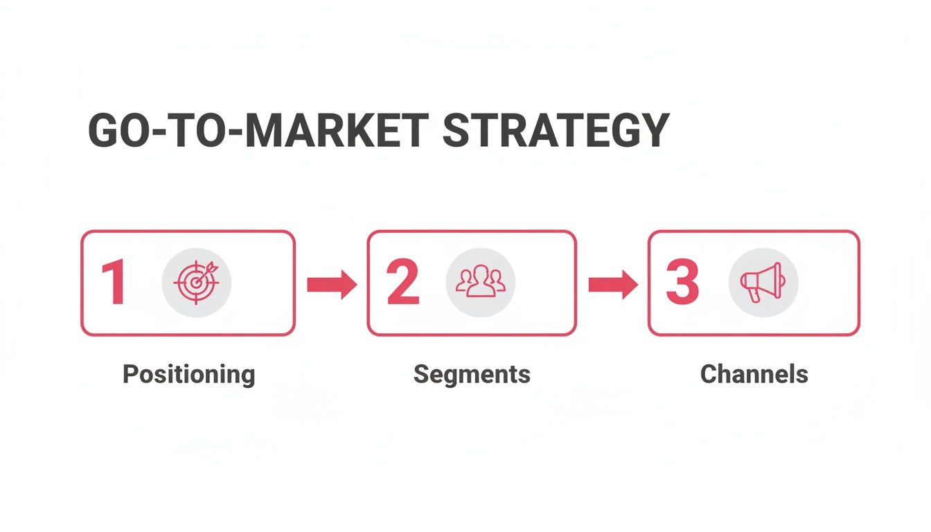 A Go-to-Market Strategy flowchart showing three steps: Positioning, Segments, and Channels.