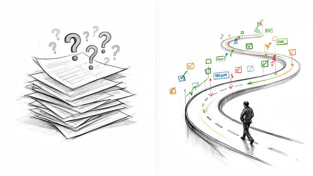 Sketch illustrating problems with a stack of papers and solutions with a strategic roadmap.
