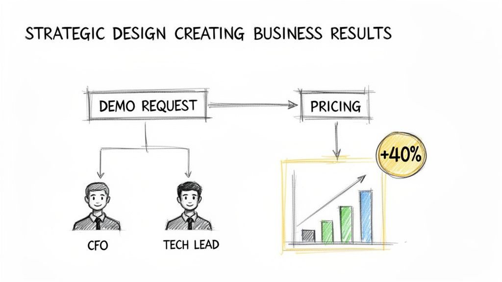 A strategic design flowchart showing demo requests leading to pricing, resulting in 40% business growth.