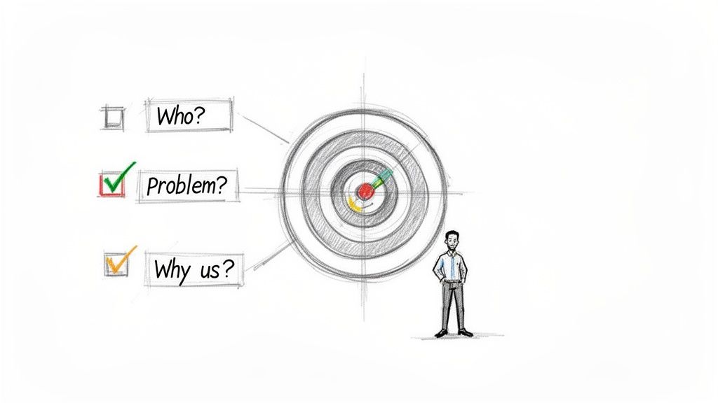 A man stands by a target next to a checklist with 'Who?', 'Problem?', and 'Why us?' questions, highlighting problem-solving.