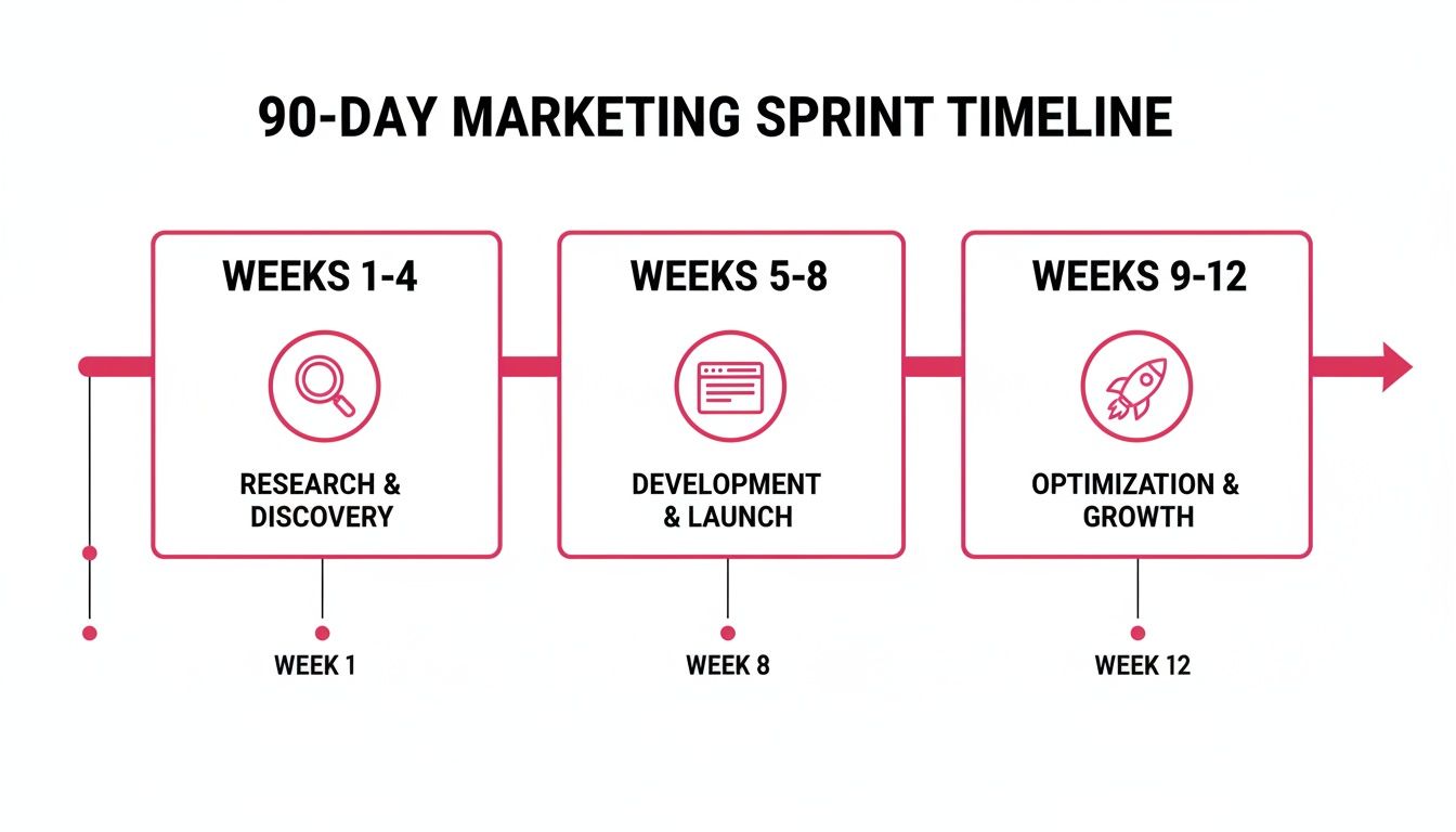 A 90-day marketing sprint timeline showing three phases: Research, Development, and Optimization.