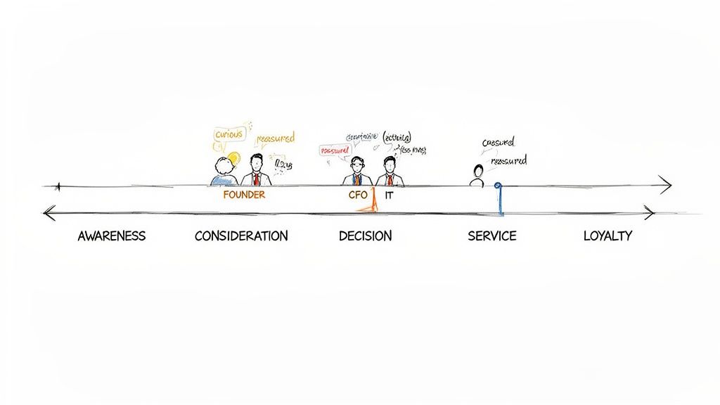 A customer journey map diagram showing stages from awareness to loyalty with key roles.