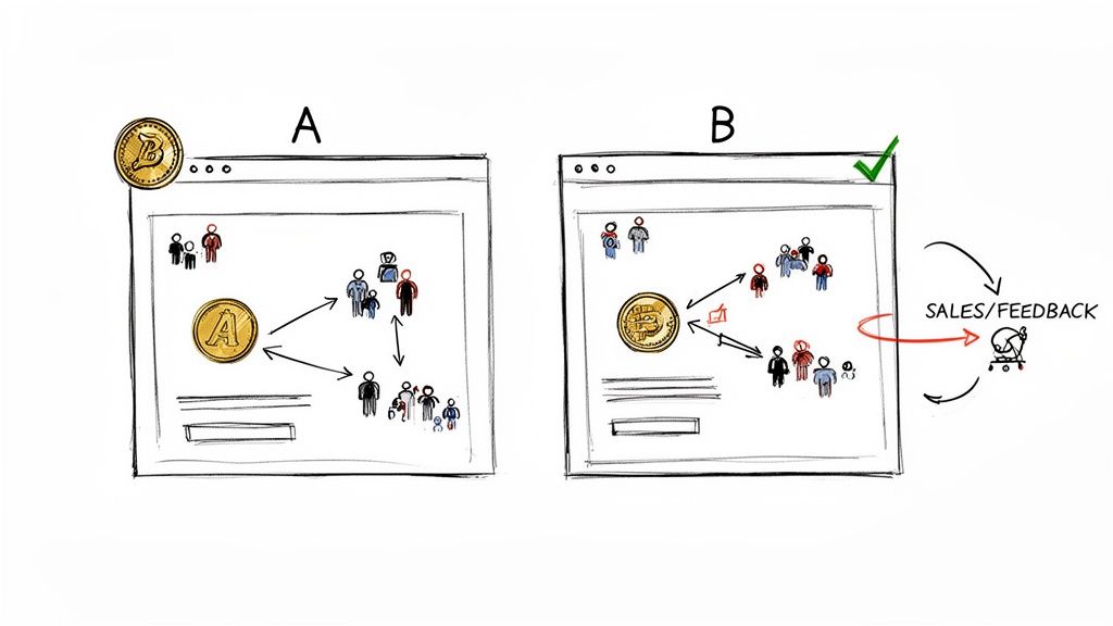Illustration of A/B testing showing two versions of a webpage with user interactions and sales feedback.