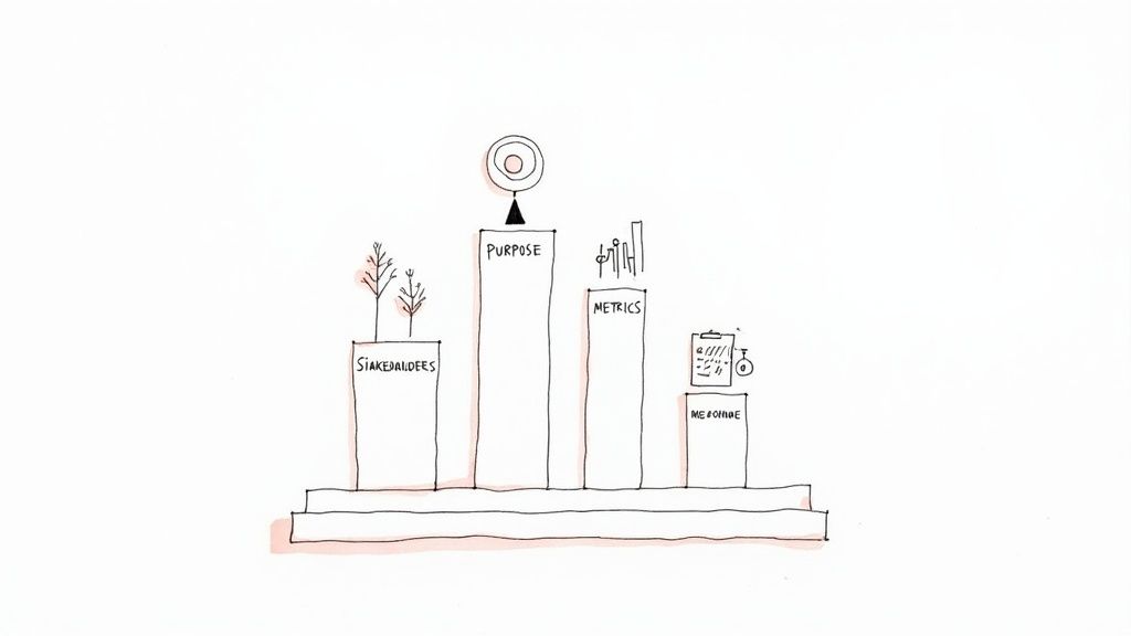 Illustration of four success criteria pillars: Stakeholders, Purpose, Metrics, and Measure, with corresponding symbols.