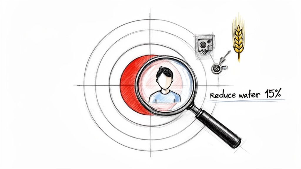 Target with a magnifying glass on a person, alongside symbols for technology, wheat, and 'reduce water 15%'.