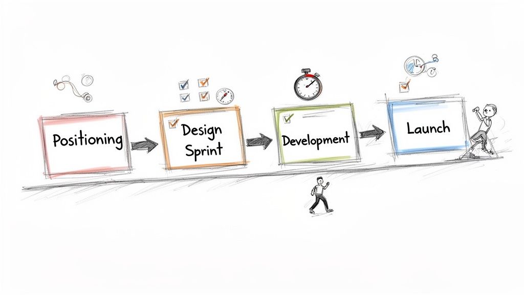 A hand-drawn diagram illustrating a four-stage business process: Positioning, Design Sprint, Development, and Launch.