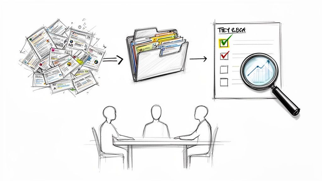 A visual workflow showing data collection, organization, analysis, and a consultation meeting.