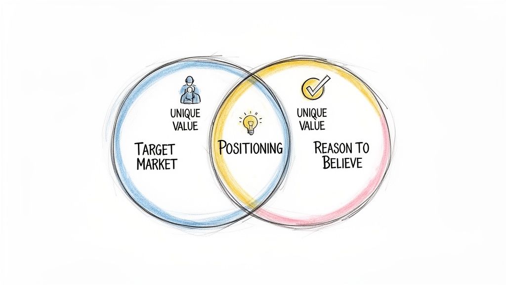 A Venn diagram visually explaining brand positioning as the overlap between target market's unique value and the reason to believe.