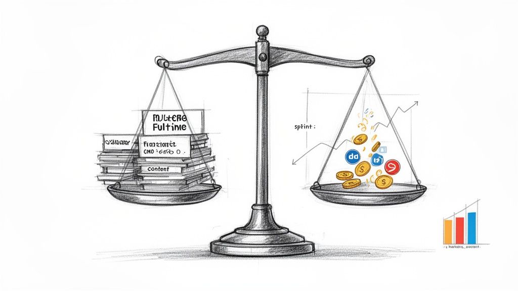 A balanced scale showing workload (CMO, Fulltime, content) on left versus coins and a rising sprint graph on right.