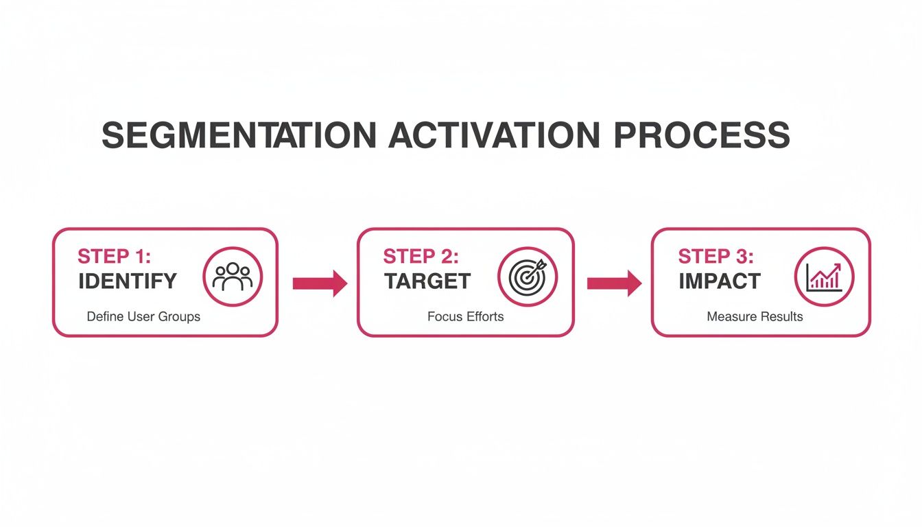Flowchart outlining the Segmentation Activation Process: Identify user groups, Target efforts, and Measure results.
