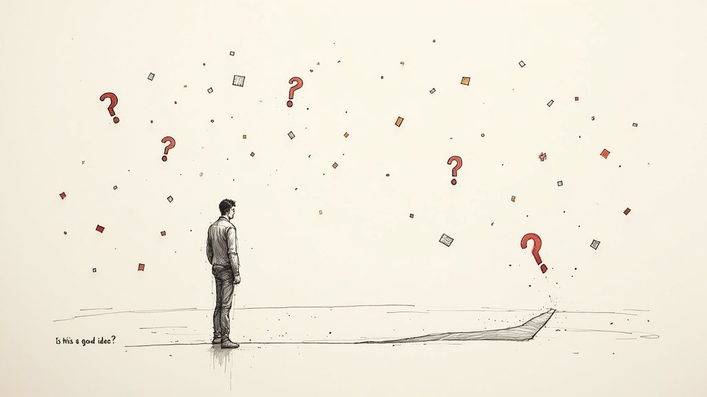 A man observes many floating red question marks and papers, pondering 'Is this a good idea?'