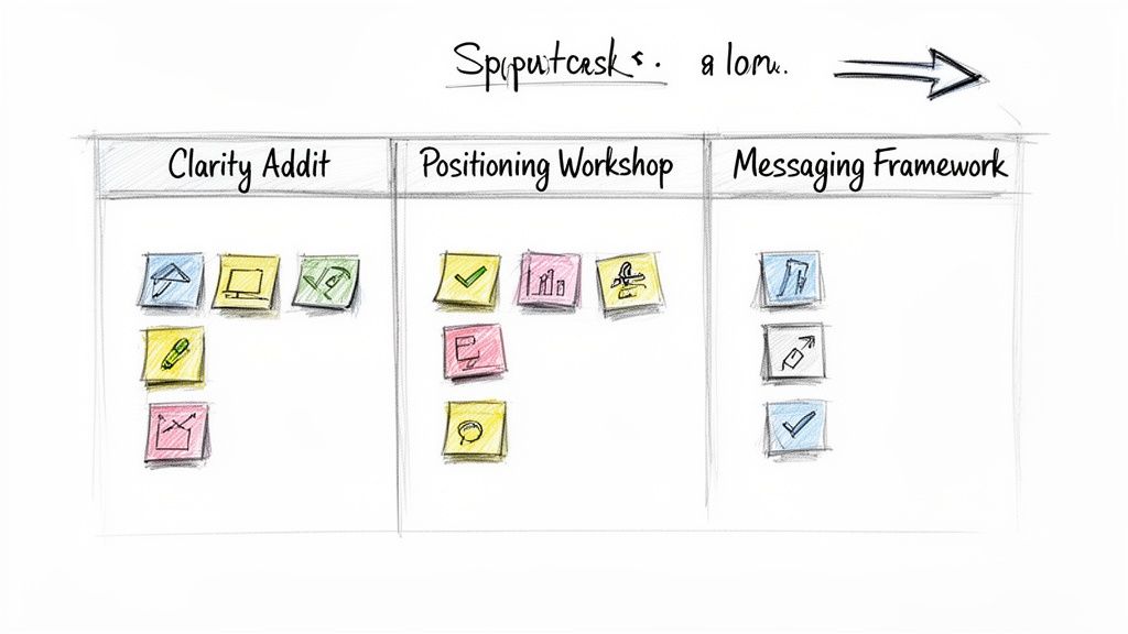 Hand-drawn sketch of a three-column project board with Clarity Audit, Positioning Workshop, and Messaging Framework.