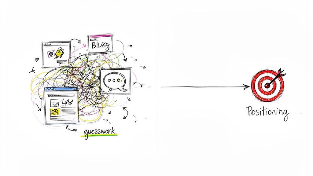 Digital marketing concept: chaotic guesswork versus clear, targeted positioning for success.