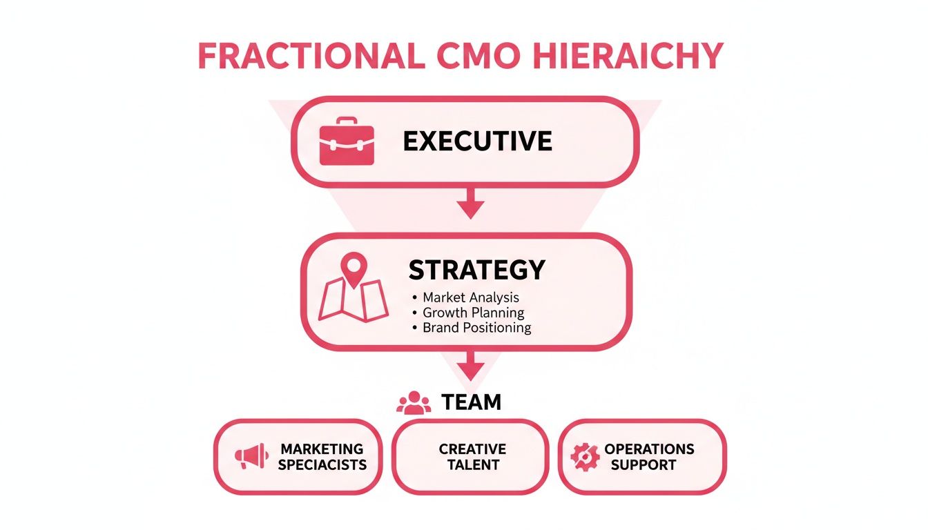 Diagram illustrating the Fractional CMO hierarchy, including executive, strategy, and team roles with specific functions.