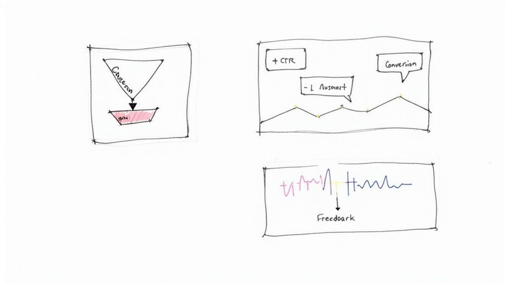 Hand-drawn diagrams illustrating web design concepts, conversion funnels, CTR, and feedback loops.