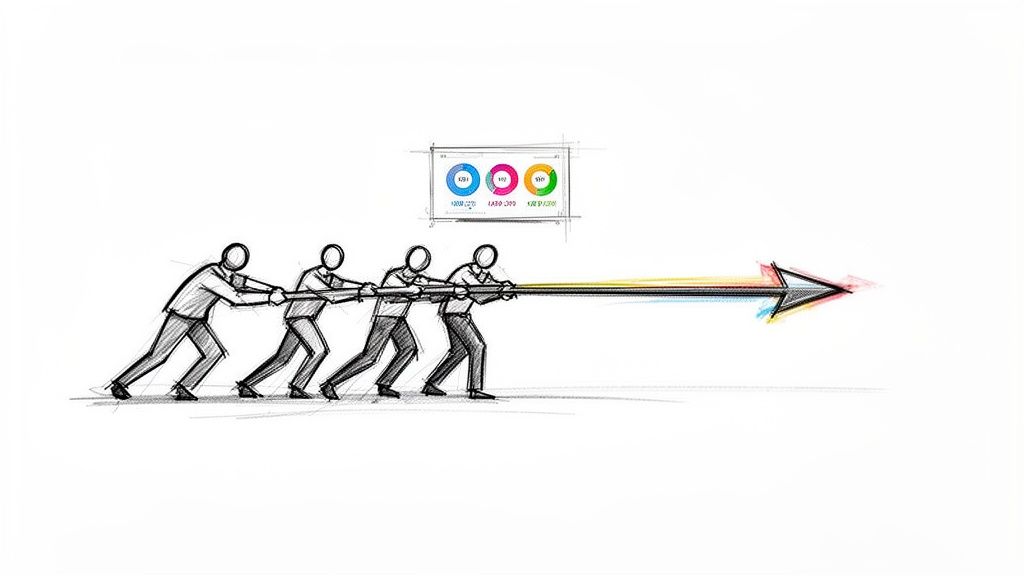 Four stick figures pull a colorful arrow forward,symbolizing teamwork and data-driven business strategy.