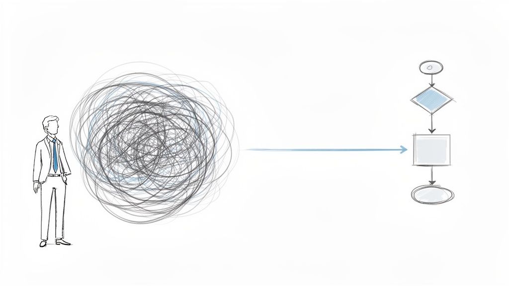 Illustration showing a complex problem (tangled lines) being simplified into a clear process flowchart.