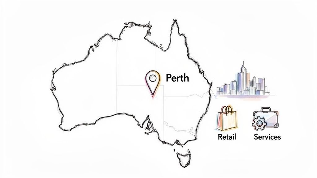 Map of Australia highlighting Perth, with icons representing retail and services industries and a city skyline.