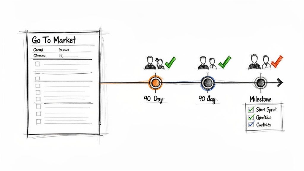 A whiteboard sketch of a Go To Market plan showing a checklist, a timeline with 90-day phases, team approvals, and a milestone.