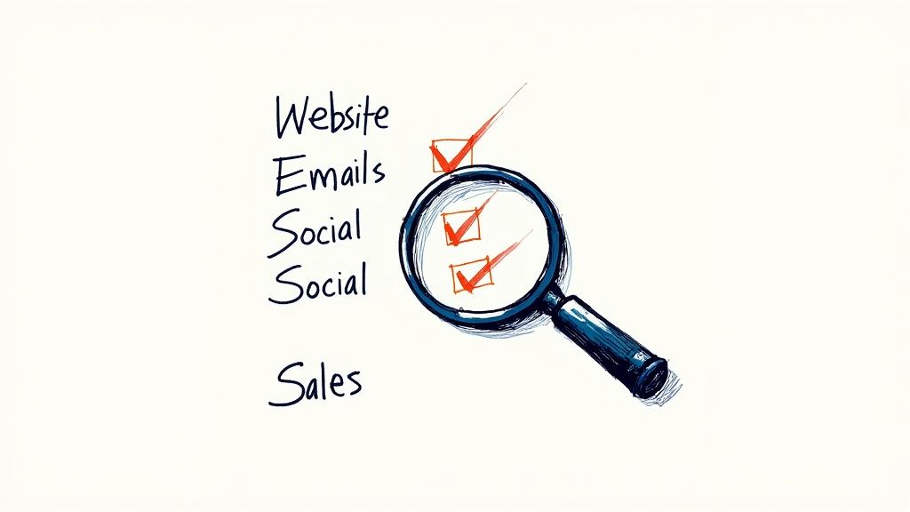 Handwritten checklist for Website, Emails, Social, and Sales, with checkmarks and a magnifying glass.