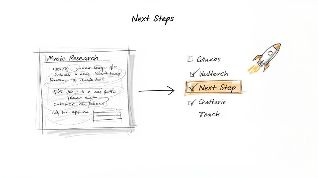 A handwritten diagram illustrating "Next Steps" with "Massive Research" leading to a checked checklist and a rocket.