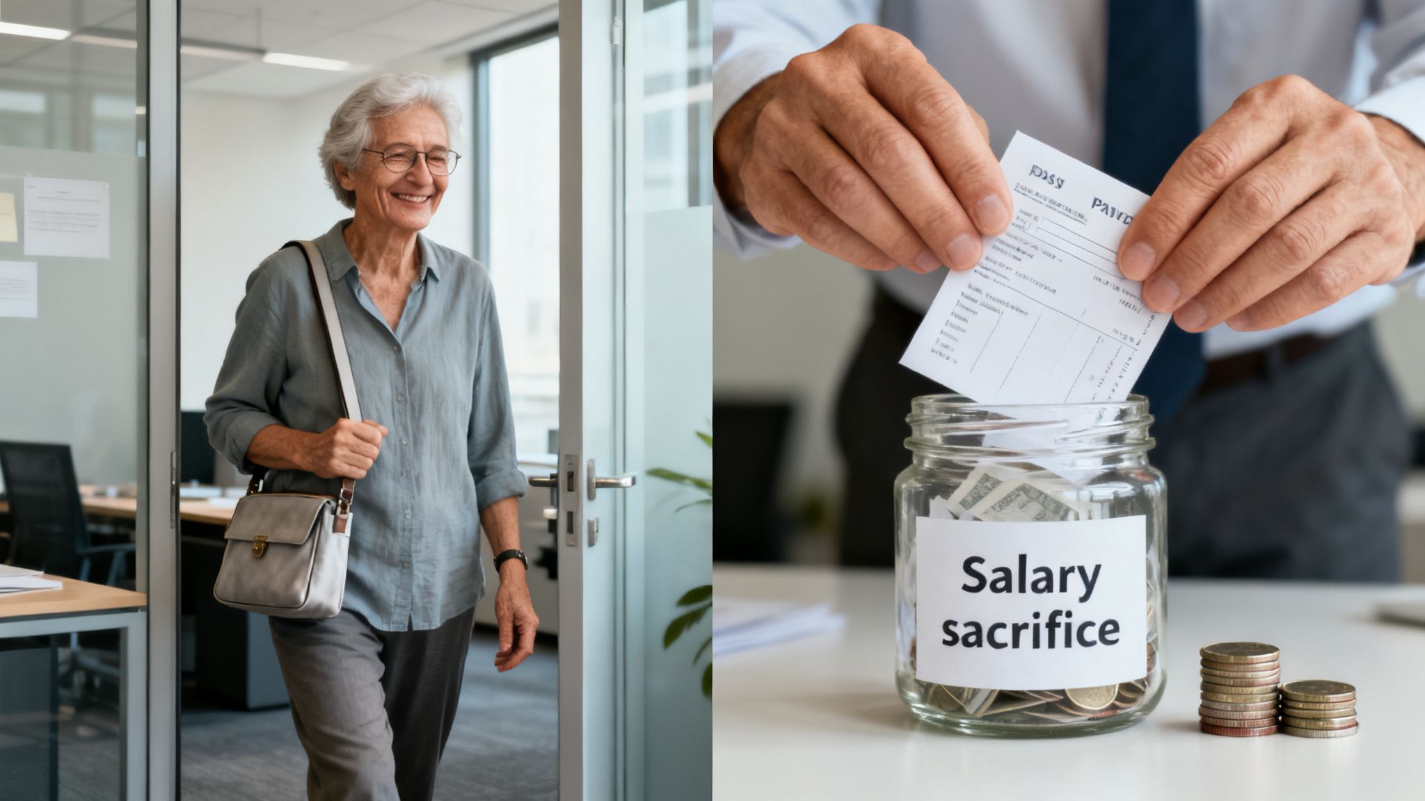 An older woman smiling in an office juxtaposed with hands placing a payroll into a 'Salary sacrifice' jar.