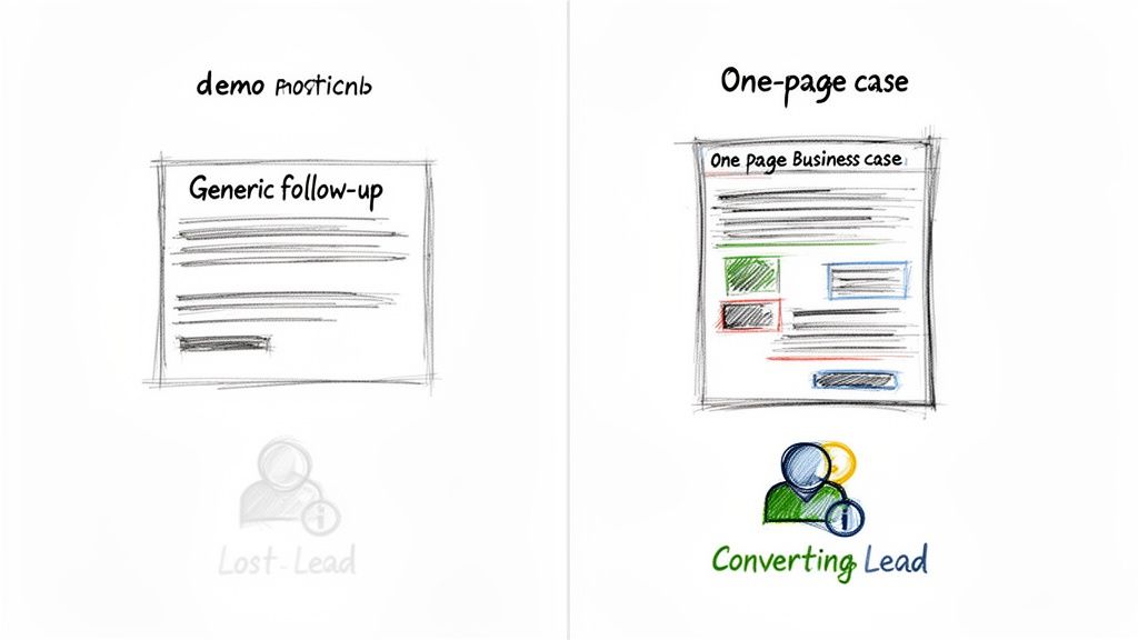 Illustrates generic follow-up resulting in lost leads versus a one-page business case for converting leads.