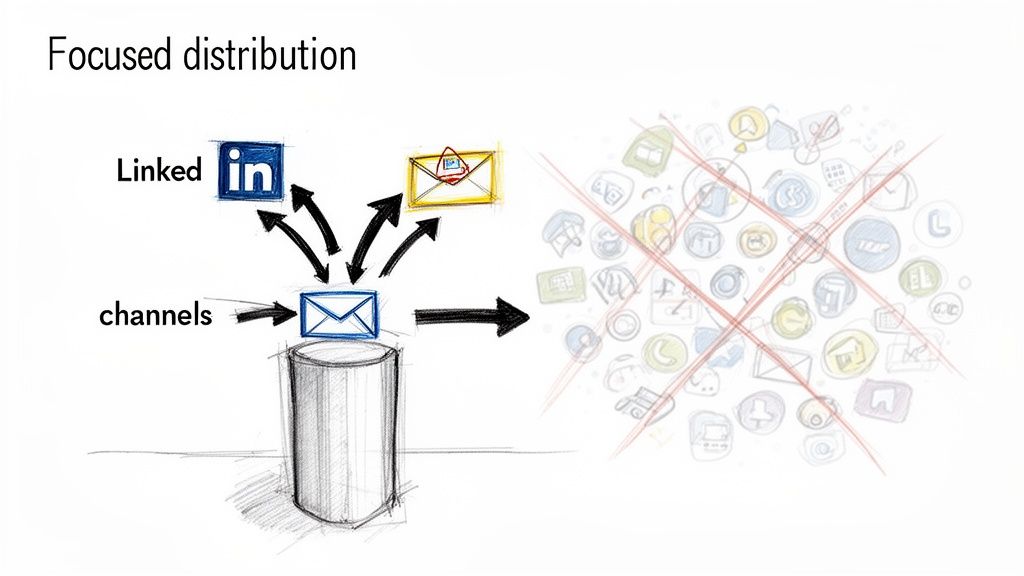 Diagram showing focused content distribution to LinkedIn and email, excluding other social media platforms.