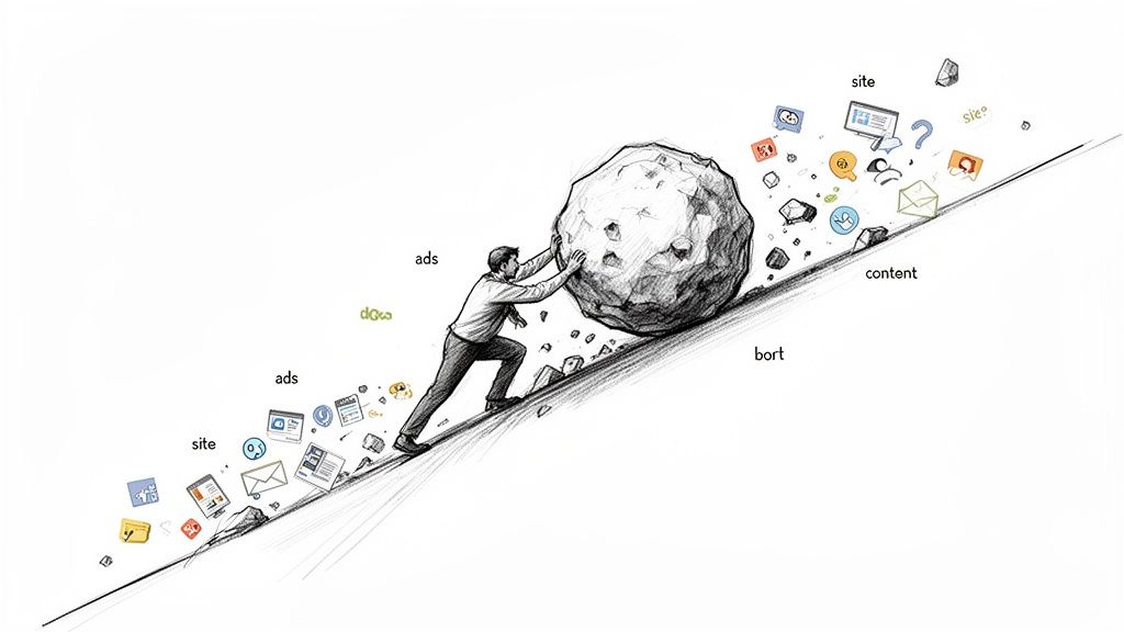 A man strains to push a huge boulder uphill, surrounded by digital media and ads.