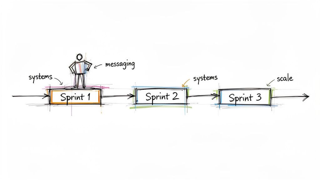 A hand-drawn diagram showing a three-stage agile sprint process for systems, messaging, and scale.