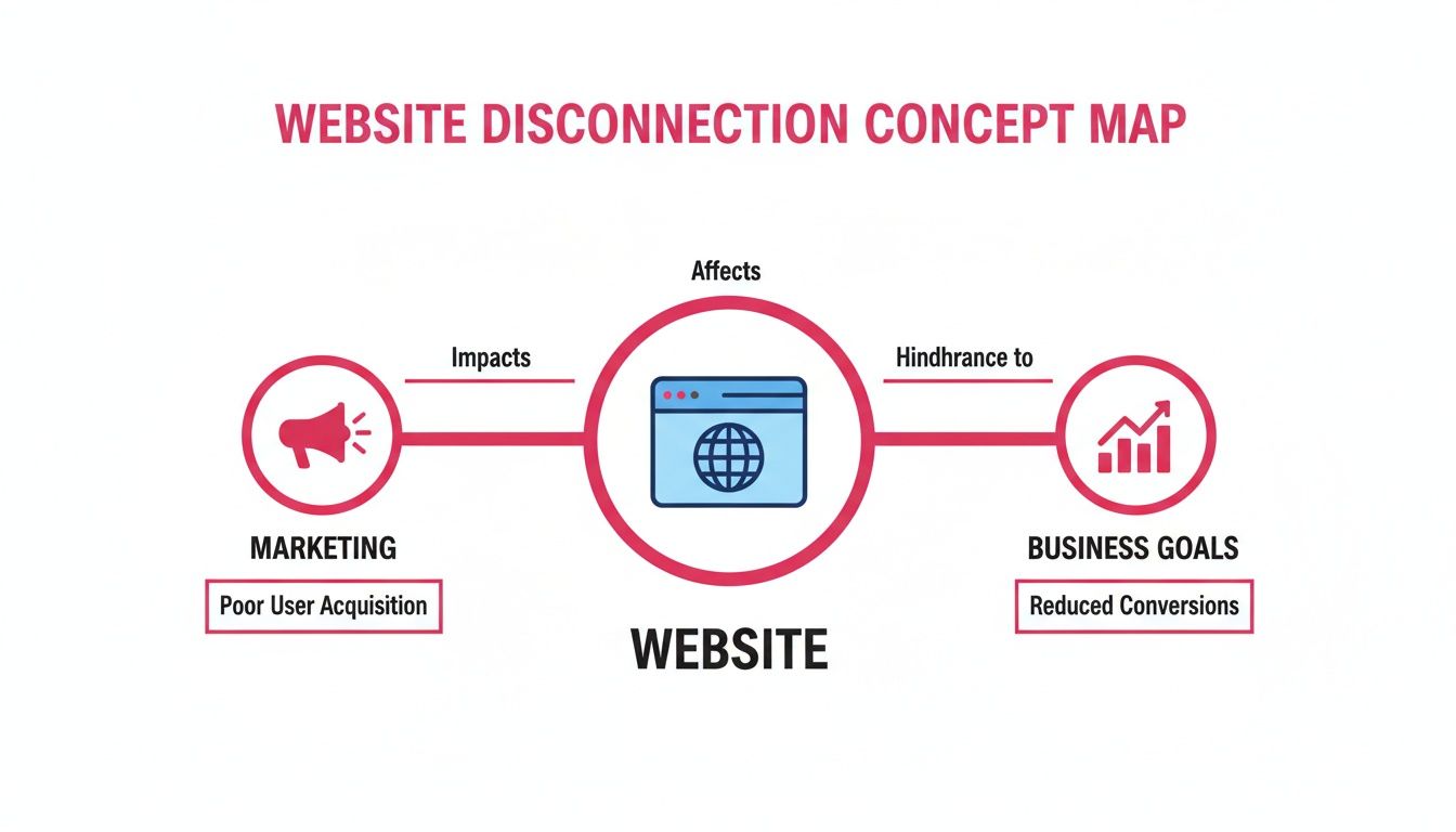 Concept map showing website disconnection impacts on marketing (poor user acquisition) and business goals (reduced conversions).