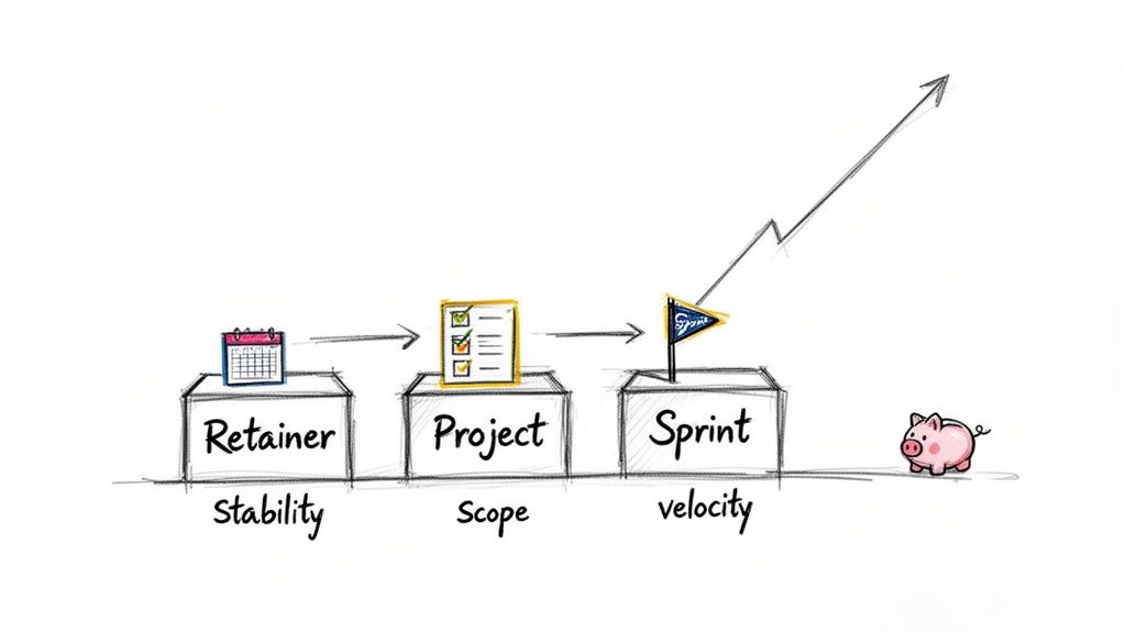A diagram illustrates a business workflow: Retainer (Stability), Project (Scope), Sprint (Velocity), leading to growth and a piggy bank.