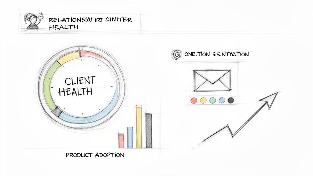 Sketch infographic showing client health, product adoption, engagement, and positive growth metrics.