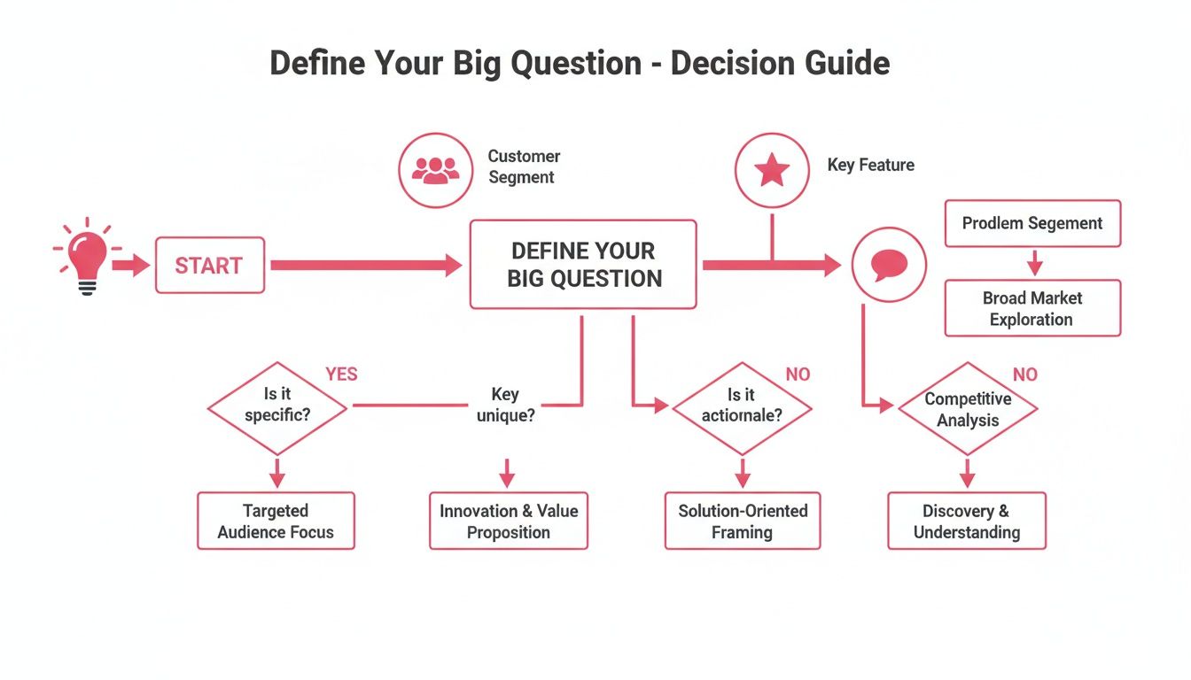 A flowchart explaining how to define a big question for market research, covering specificity, uniqueness, and actionability.