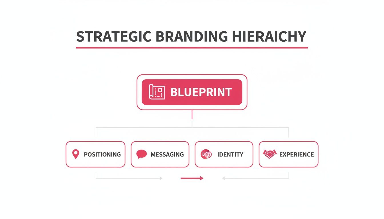A strategic branding hierarchy flowchart with Blueprint at the top, leading to Positioning, Messaging, Identity, and Experience.