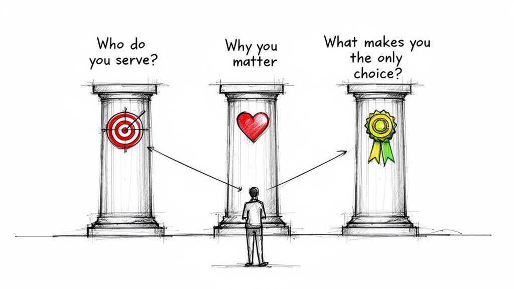 A person facing three pillars of branding: purpose, value, and uniqueness, represented by target, heart, and medal.