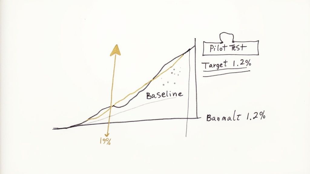Hand-drawn chart illustrating project progression with a baseline, pilot test, and performance targets.