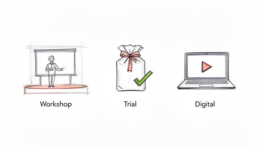 Hand-drawn icons represent workshop, trial, and digital approaches for brand activation strategies.