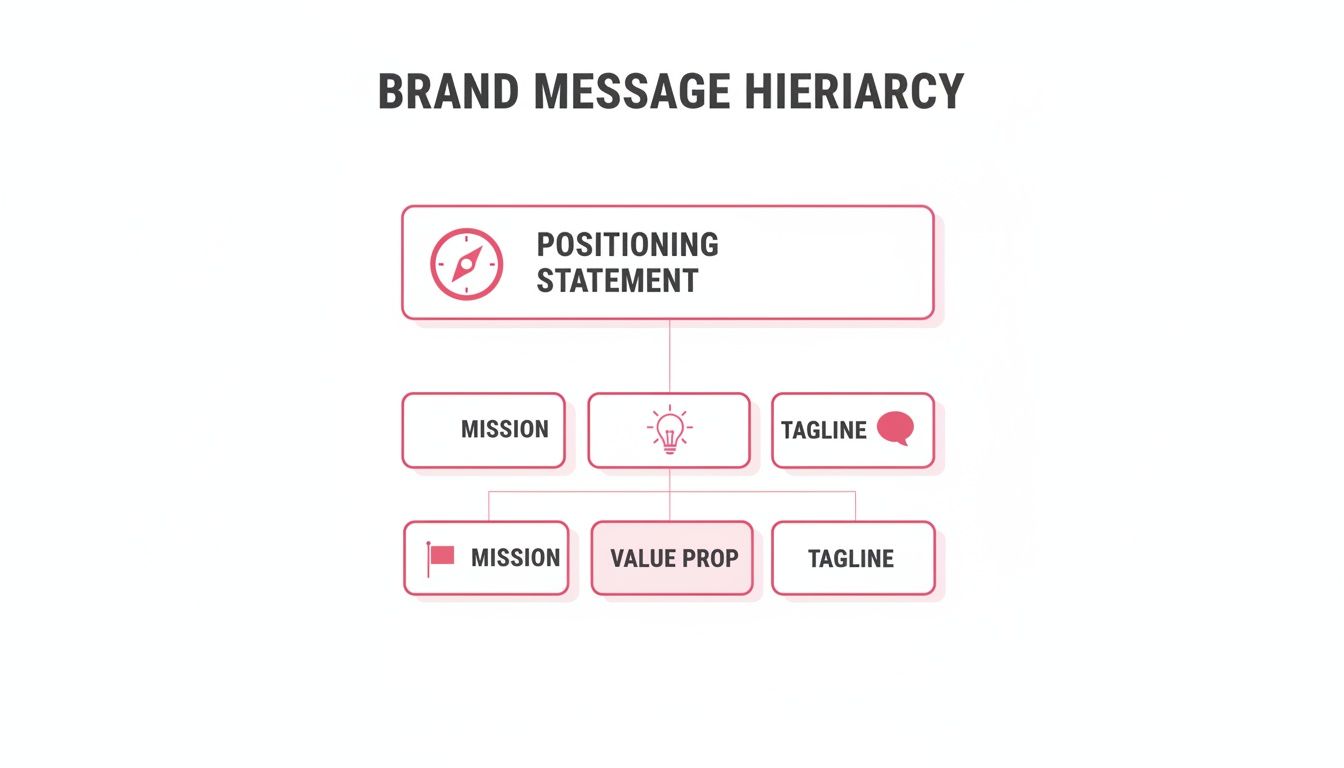 A brand message hierarchy chart showing Positioning Statement, Mission, Value Prop, and Tagline.