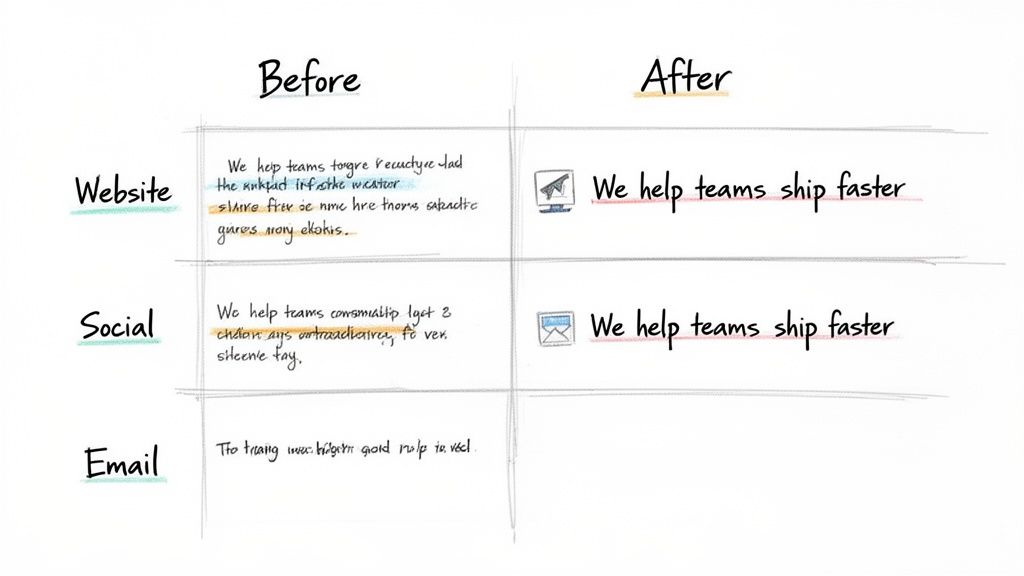 A handwritten comparison of 'Before' and 'After' marketing copy for website, social, and email, highlighting improved clarity and conciseness.