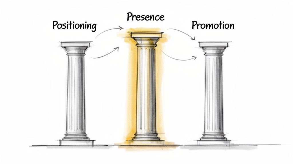 Three architectural columns illustrating 'Positioning', 'Presence', and 'Promotion' in a branding strategy diagram.