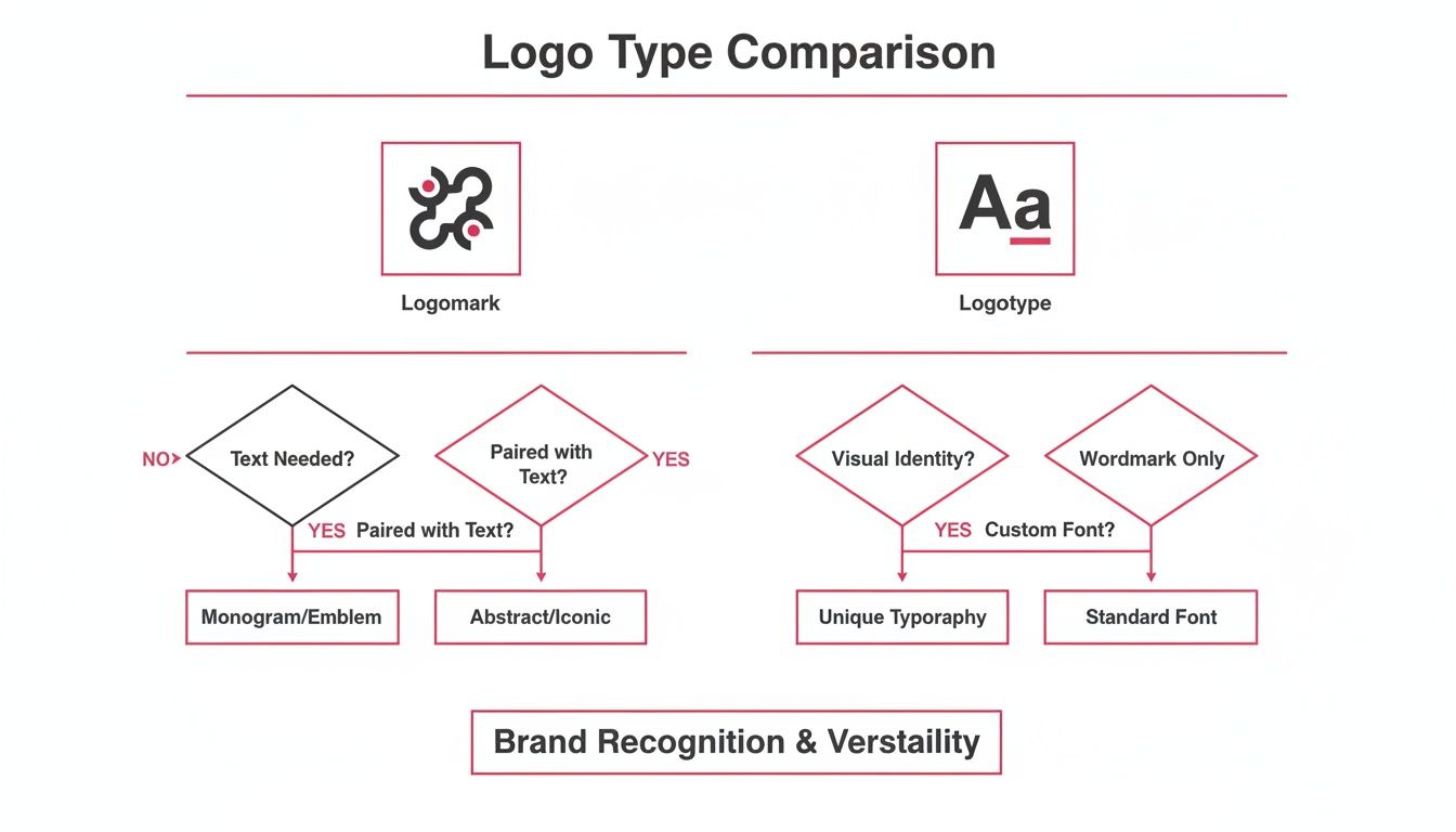 Flowchart comparing logomark and logotype, detailing decision paths for different logo types and brand recognition.